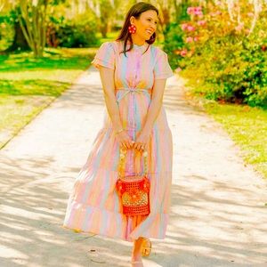 Victoria Dunn Flutter Dress in Rainbow. NWT. Size L.